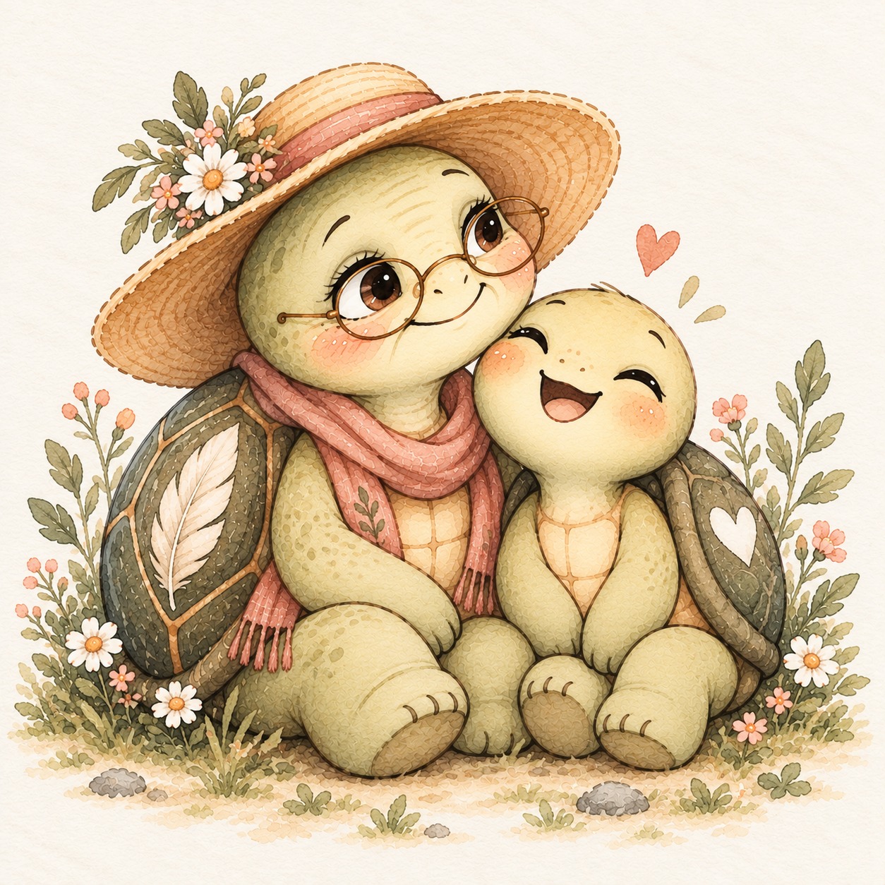 Zwei Schildkröten kuscheln im Blumenfeld: Ilse mit Strohhut, Brille und rosa Schal, daneben die lachende Kaja